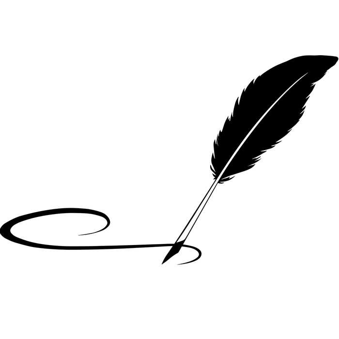 A black and white silhouette of a feather and a pen on a white background.