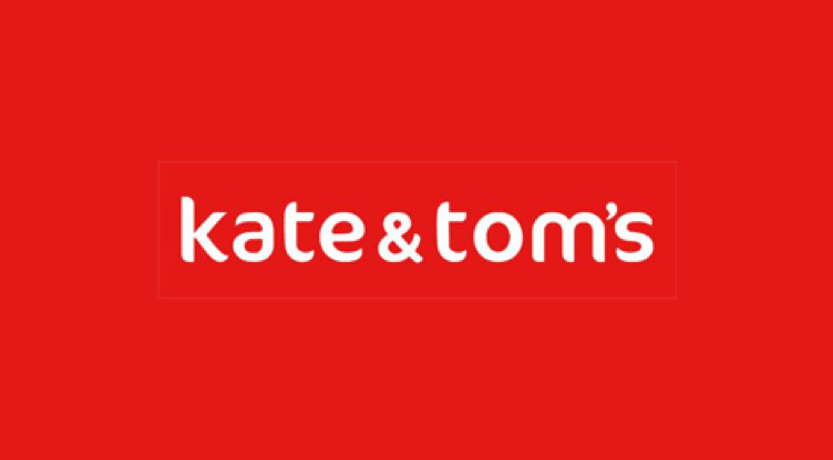 The logo for kate & tom 's is on a red background.