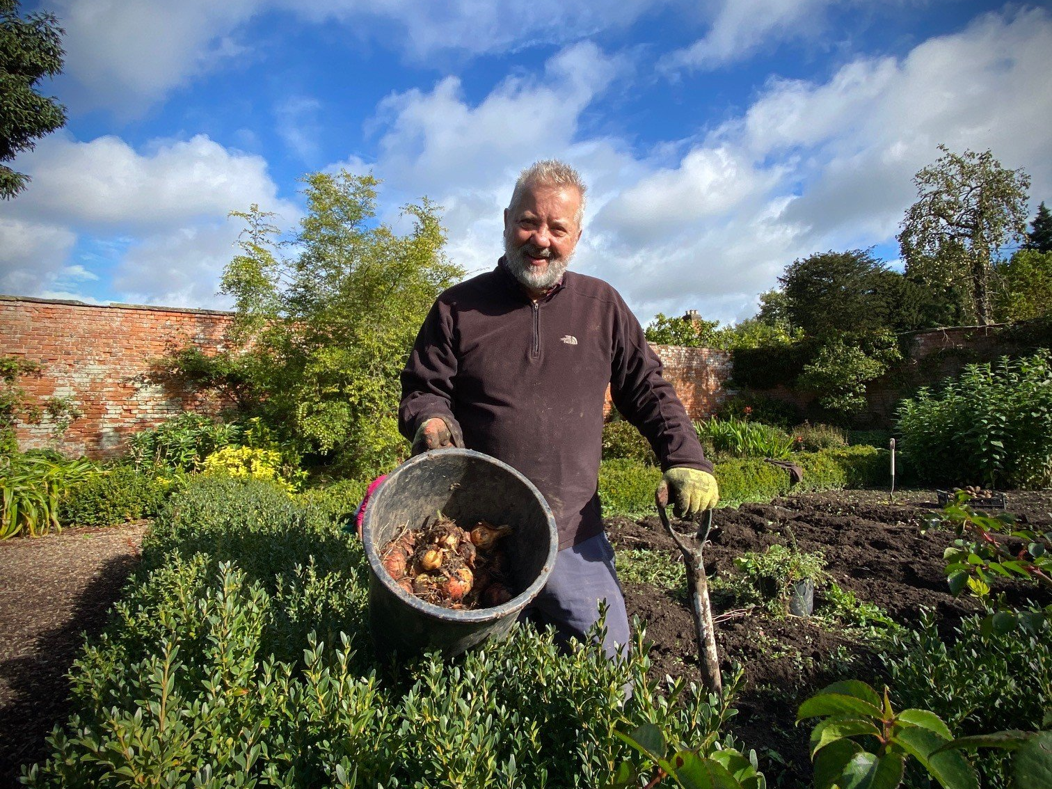 A man is holding a bucket of potatoes in a garden.