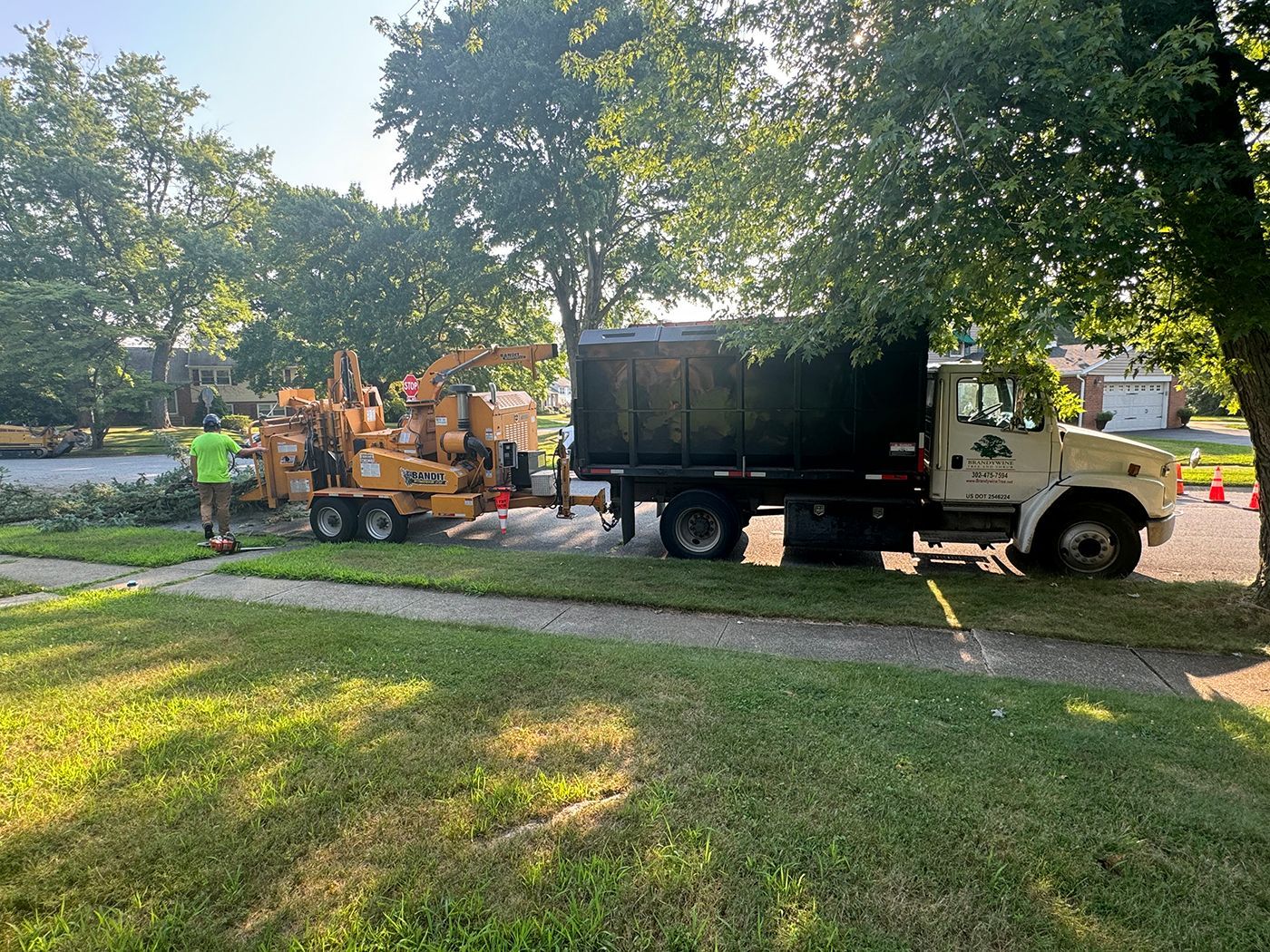 A man is standing next to a tree chipper and a dump truck.