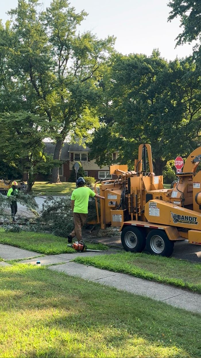 A man is standing next to a tree chipper in a yard.