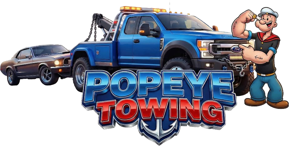 Popeye flexing, pointing to a blue tow truck towing a brown car. "Popeye Towing" logo.
