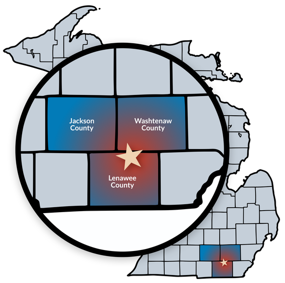 A map of michigan with service area highlighted, including: Lenawee Country, Jackson County, and Washtenaw County.