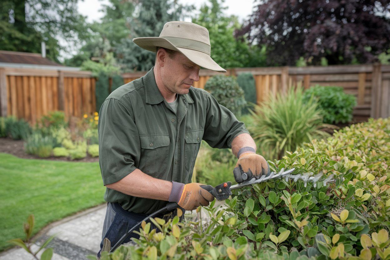 A man in a hat is cutting a bush with a pair of scissors.