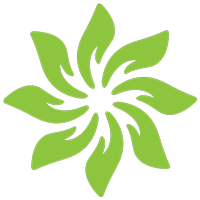 A green flower made of hands and leaves on a white background.