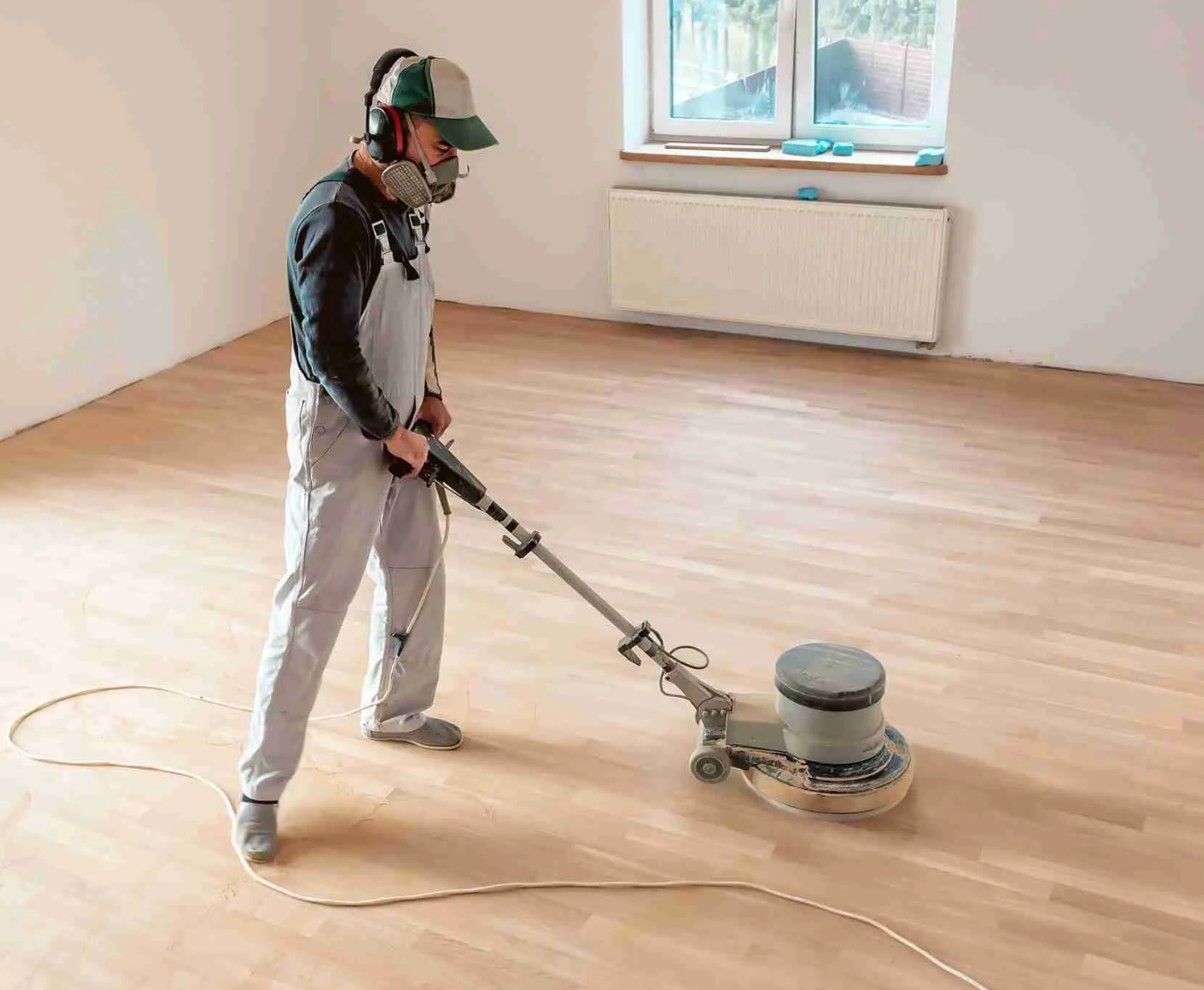 A man is cleaning the floor of an office with a mop.