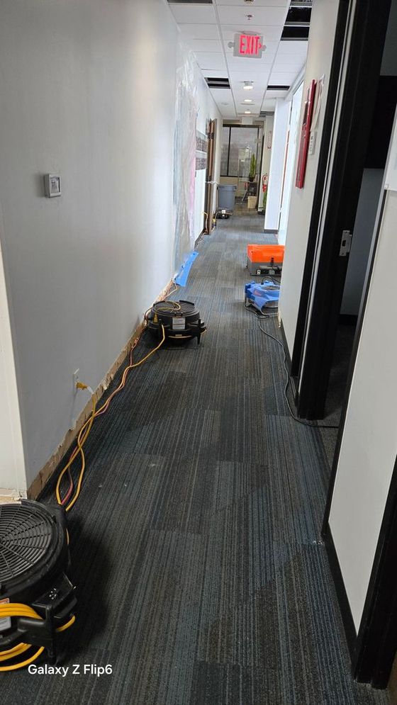 A hallway in an office building with sliding glass doors and a chair.