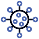A blue and black icon of a virus with circles around it.