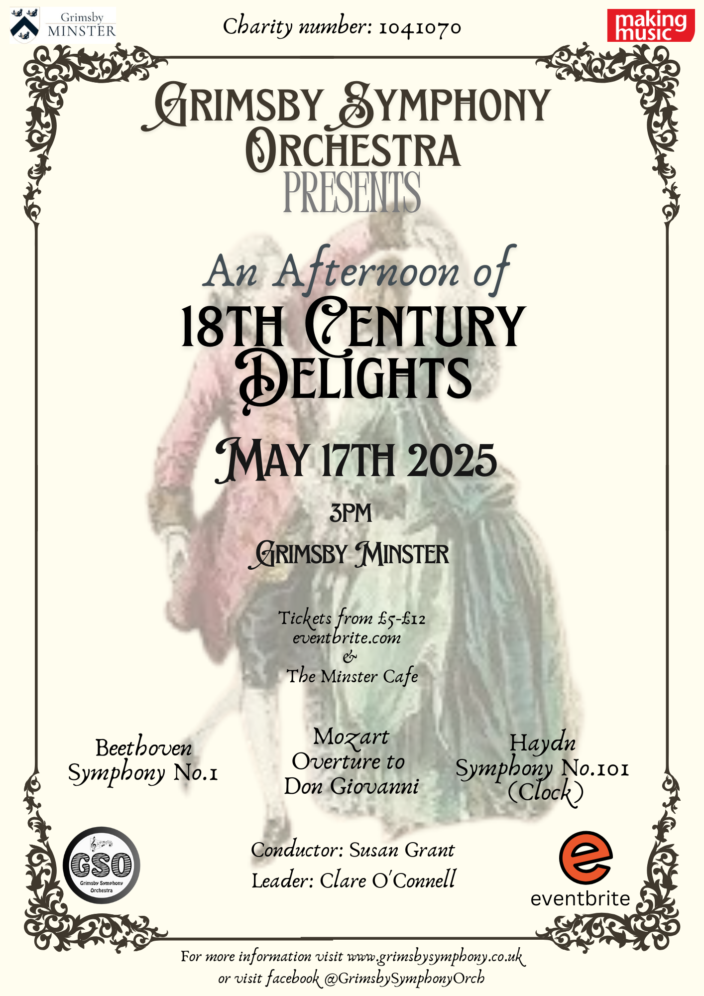 An Afternoon of 18th Century Delight
Our next concert is on 17th May at Grimsby Minster. We will be playing a programme of 18th Century Classical Music including music from Haydn, Mozart and Beethoven.
Tickets will be available from eventbrite.com or from the Minster Cafe. Once they go on sale, there will be a link from here too.
Tickets start at £5 for children and go up to £12. Refreshments will be available during the interval..