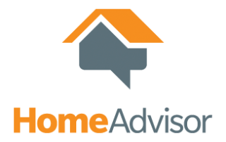 HomeAdvisor logo: house-shaped speech bubble with orange roof, orange and gray text.