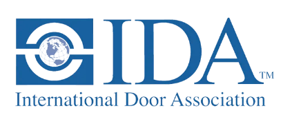 Logo of the International Door Association: blue square with globe, blue IDA letters, and text 