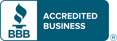 BBB Accredited Business logo, white text on a teal rectangle, with a torch icon.