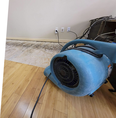 Air mover and a dehumidifier in place to dry a floor after a pipe break