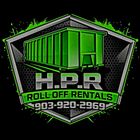Logo for H.P.R. Roll Off Rentals: green dumpster inside a shield-shaped frame, black background, phone number 903-920-2969.