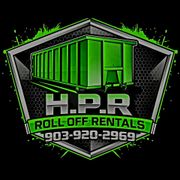 Logo for H.P.R. Roll Off Rentals: green dumpster inside a shield-shaped frame, black background, phone number 903-920-2969.