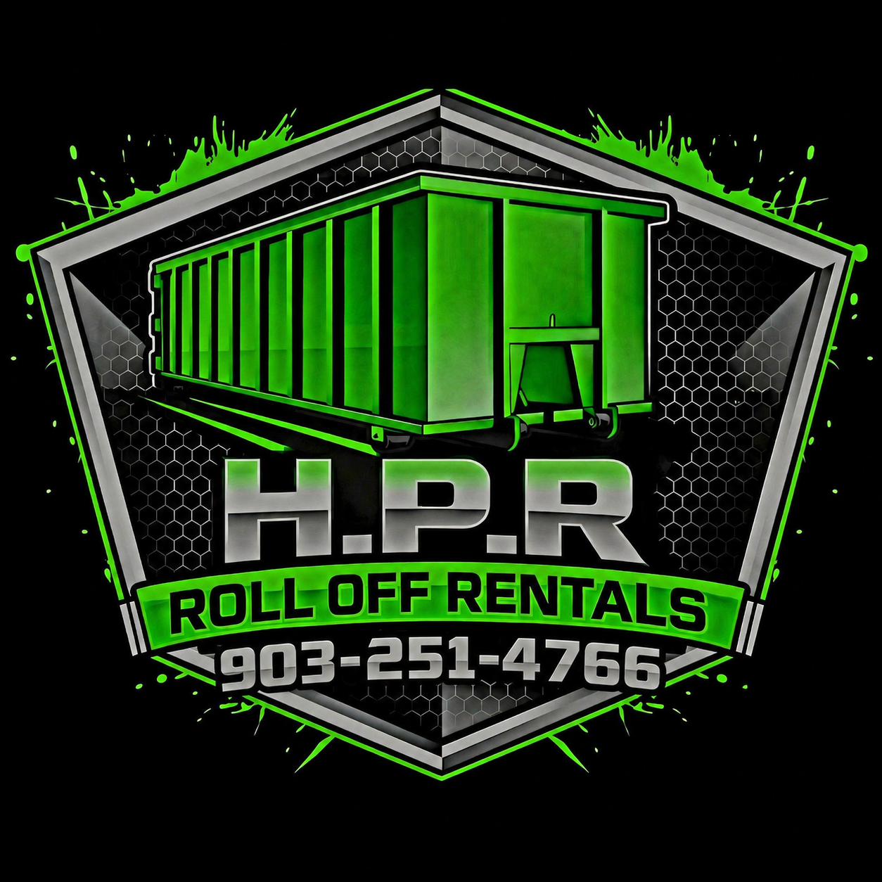 Logo for H.P.R. Roll Off Rentals: green dumpster inside a shield-shaped frame, black background, phone number 903-920-2969.