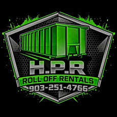 Logo for H.P.R. Roll Off Rentals: green dumpster inside a shield-shaped frame, black background, phone number 903-920-2969.