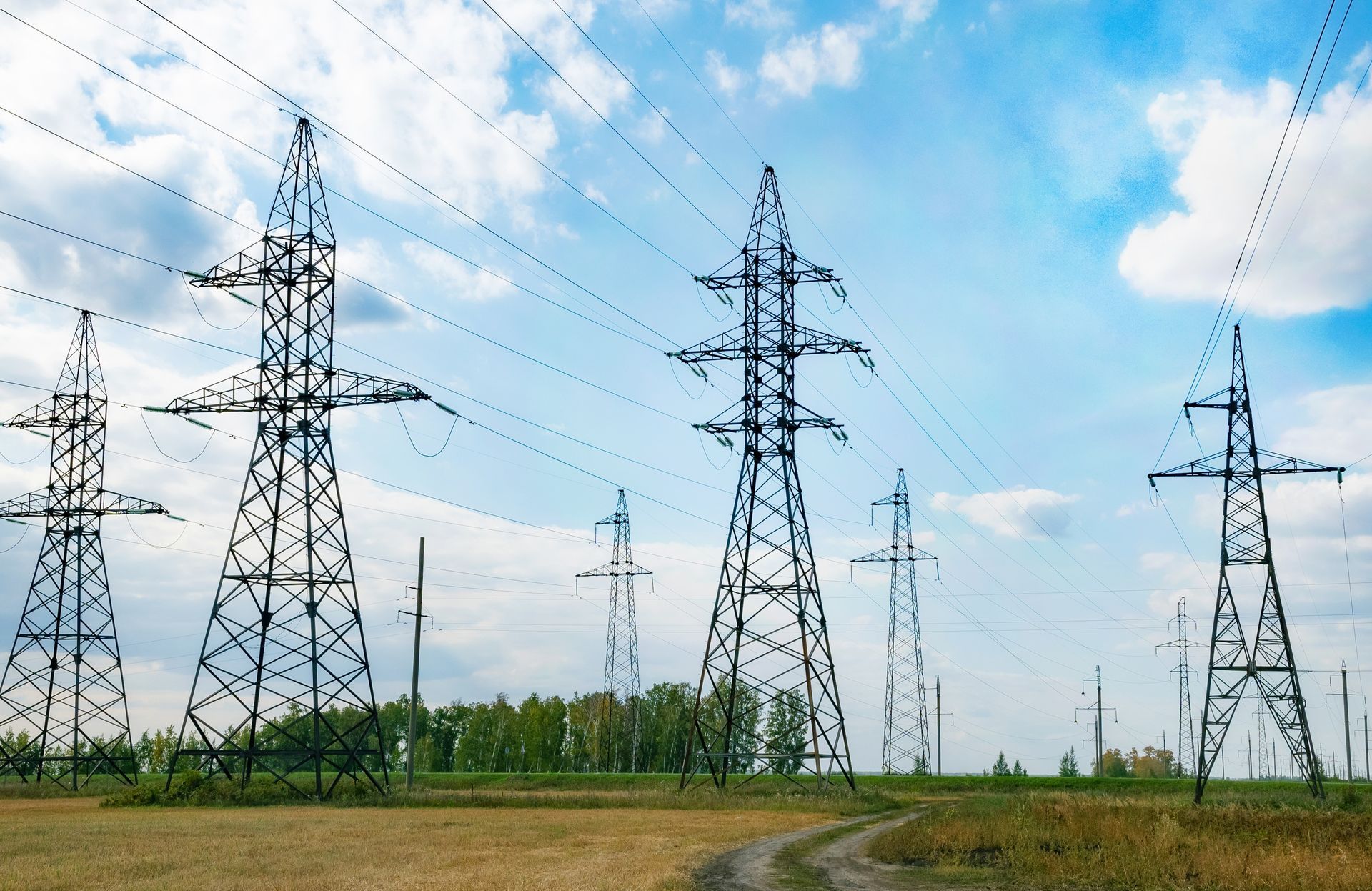A row of power lines in a field with trees in the background