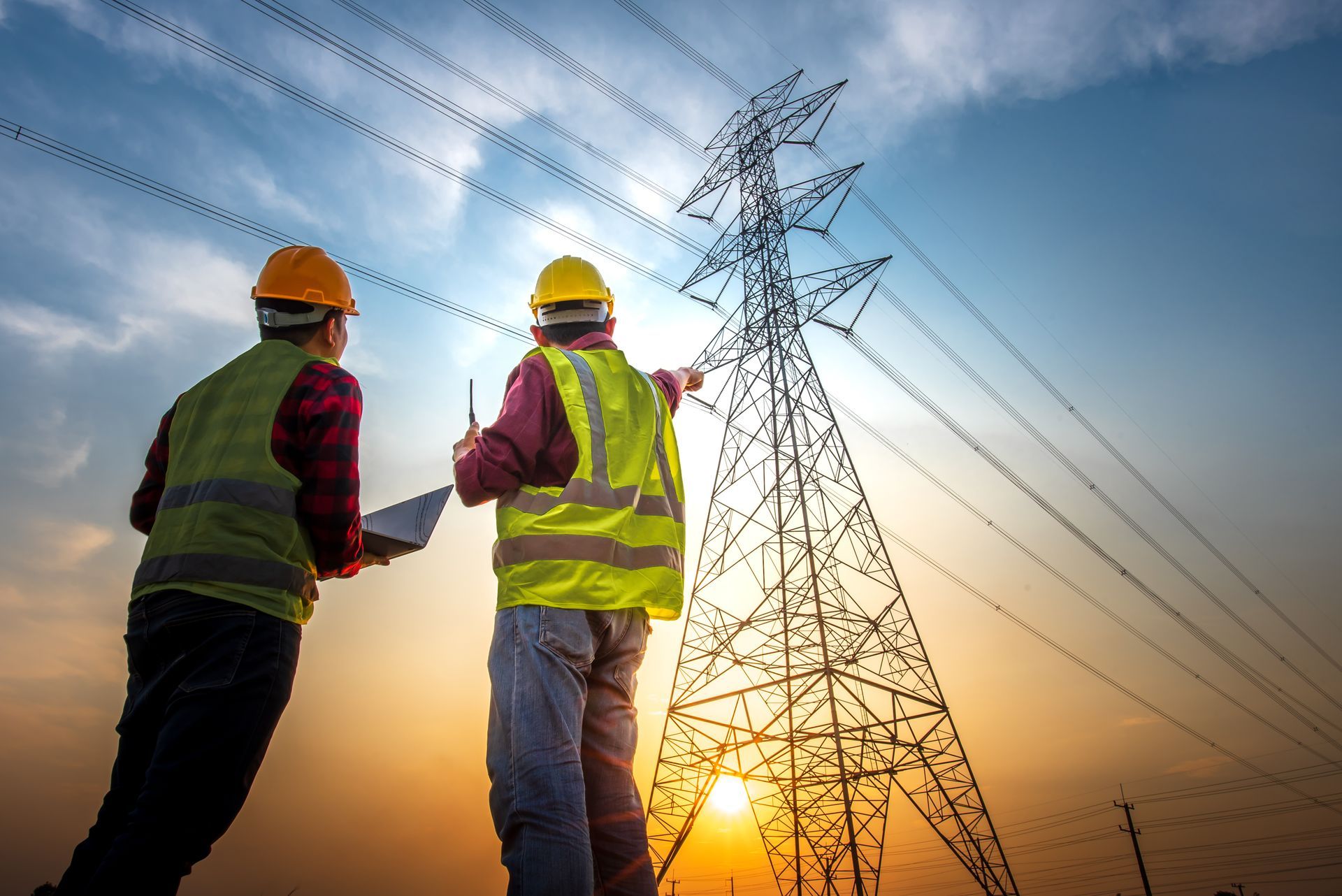 Two men are standing next to each other in front of a power tower.