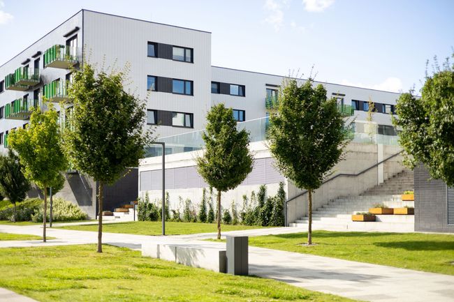A large white building with green balconies is surrounded by trees and grass.