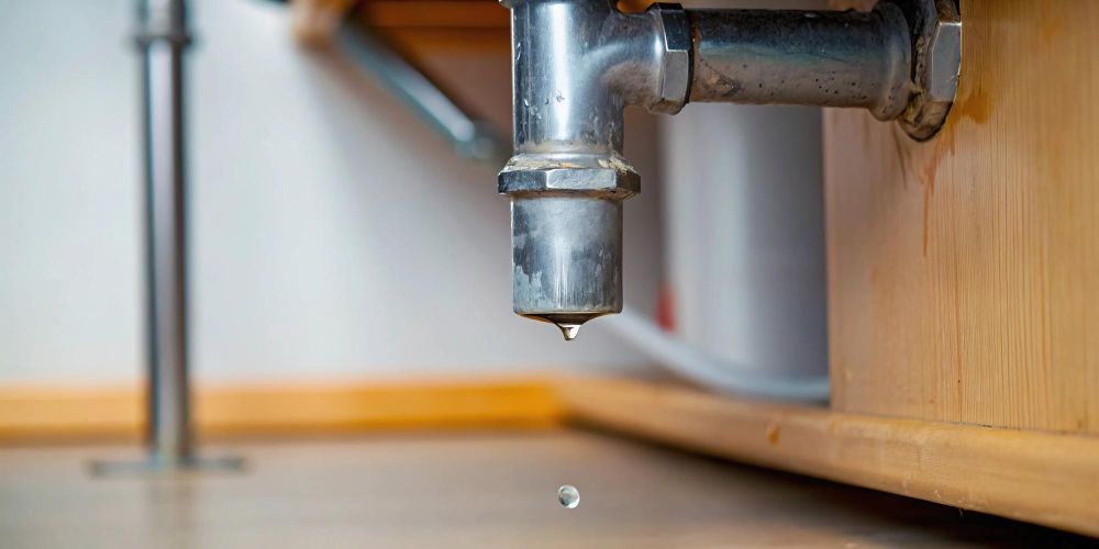Leaking pipe with water dripping below a wooden cabinet.