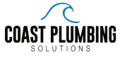 Logo for Coast Plumbing Solutions: Blue wave over bold black text.