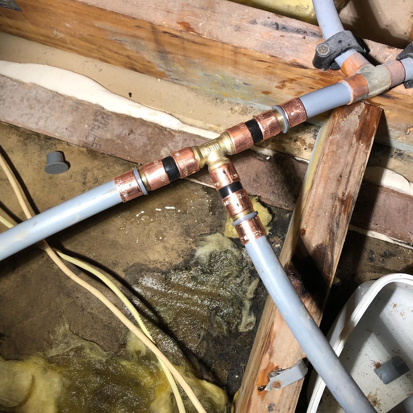 Copper plumbing pipes connected by a copper T-fitting in a damp, unfinished space.