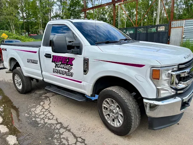 A white truck is parked on the side of the road.