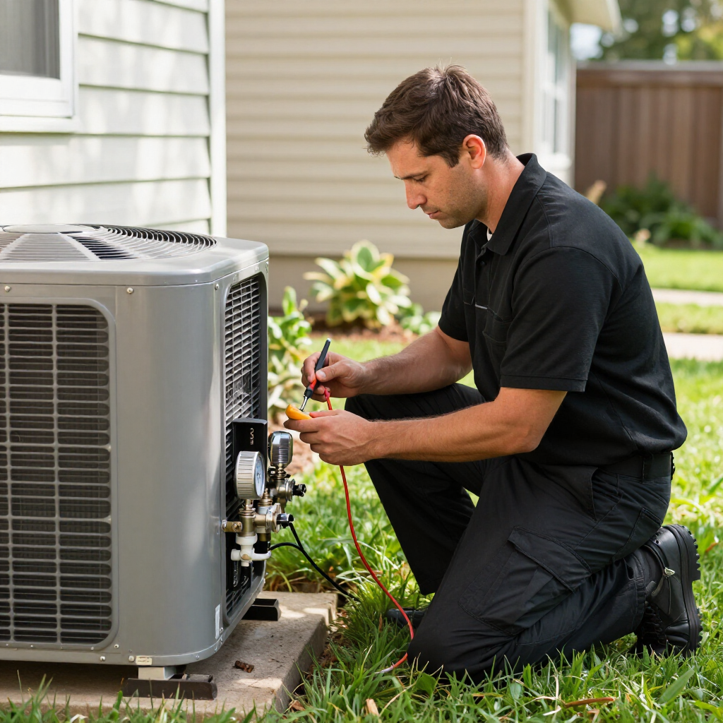 Technician kneeling beside an outdoor air conditioner, checking refrigerant lines with a gauge