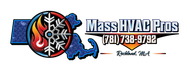 Logo for Mass HVAC Pros featuring a fire and ice emblem over a Massachusetts map, including phone number and location.