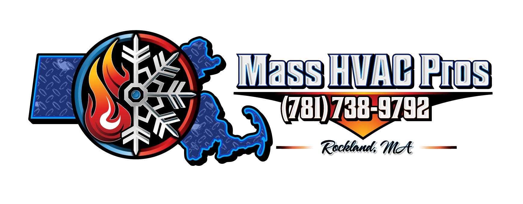 Logo for Mass HVAC Pros featuring a fire and ice emblem over a Massachusetts map, including phone number and location.