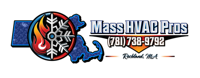 Logo for Mass HVAC Pros featuring a fire and ice emblem over a Massachusetts map, including phone number and location.