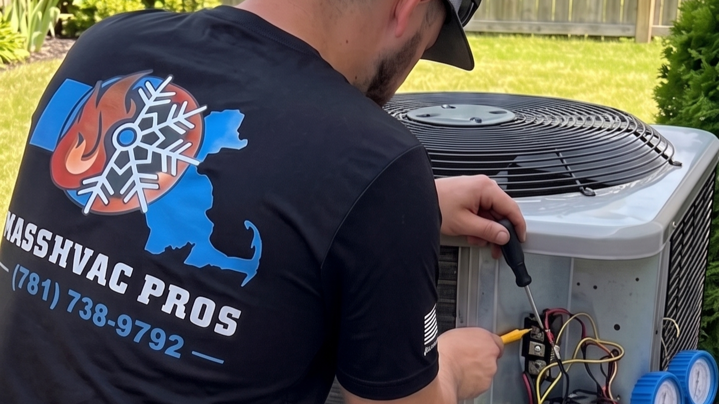 A technician wearing a MassHVAC Pros shirt uses tools to service an outdoor air conditioning unit.