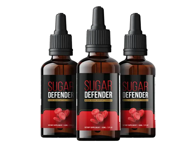 Trois flacons compte-gouttes en verre ambré étiquetés « Sugar Defender » avec des bouchons noirs, centrés sur un fond blanc.