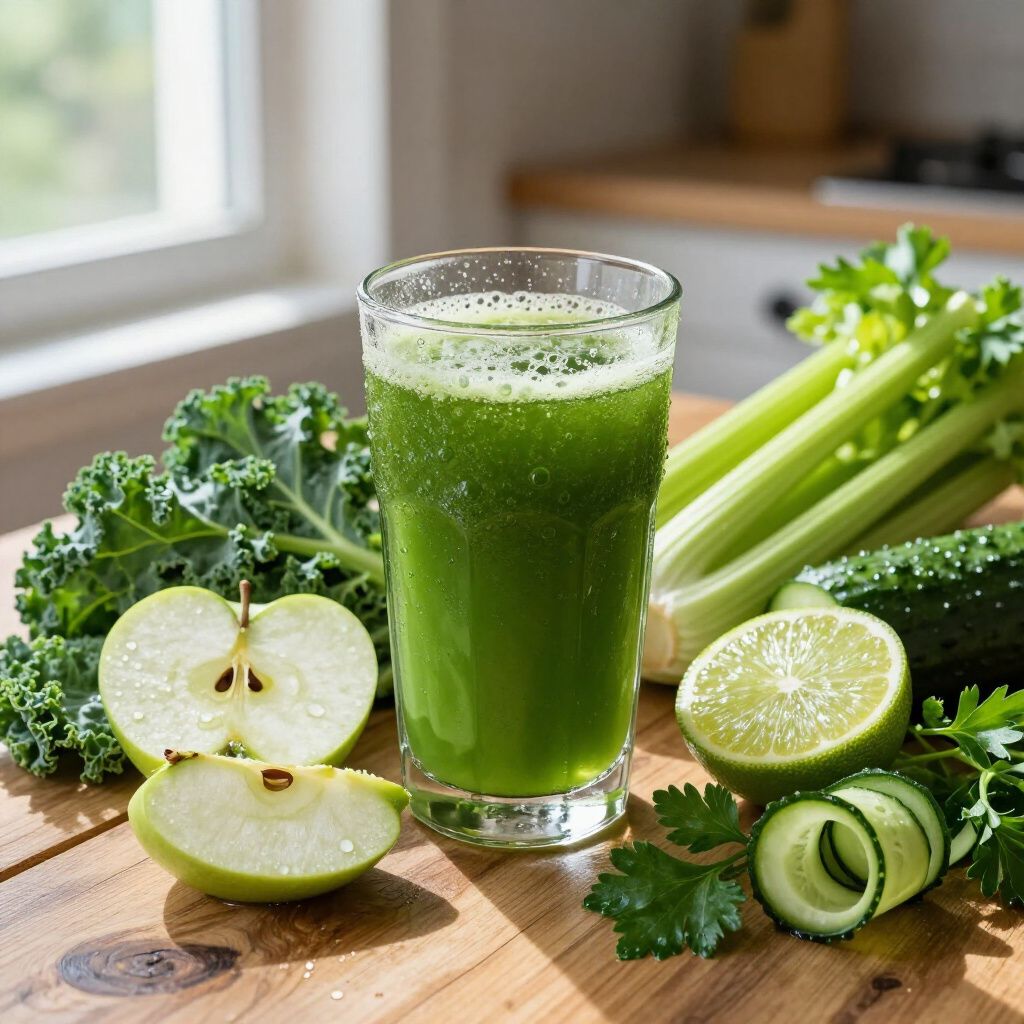 Un verre de jus vert repose sur un comptoir en bois, entouré de chou frisé frais, de tranches de pommes, de céleri, de concombre et de citron vert.