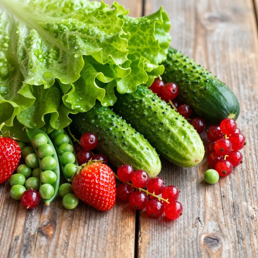Salade fraîche composée de laitue, concombres, fraises, petits pois et groseilles rouges, disposée sur une table rustique en bois.