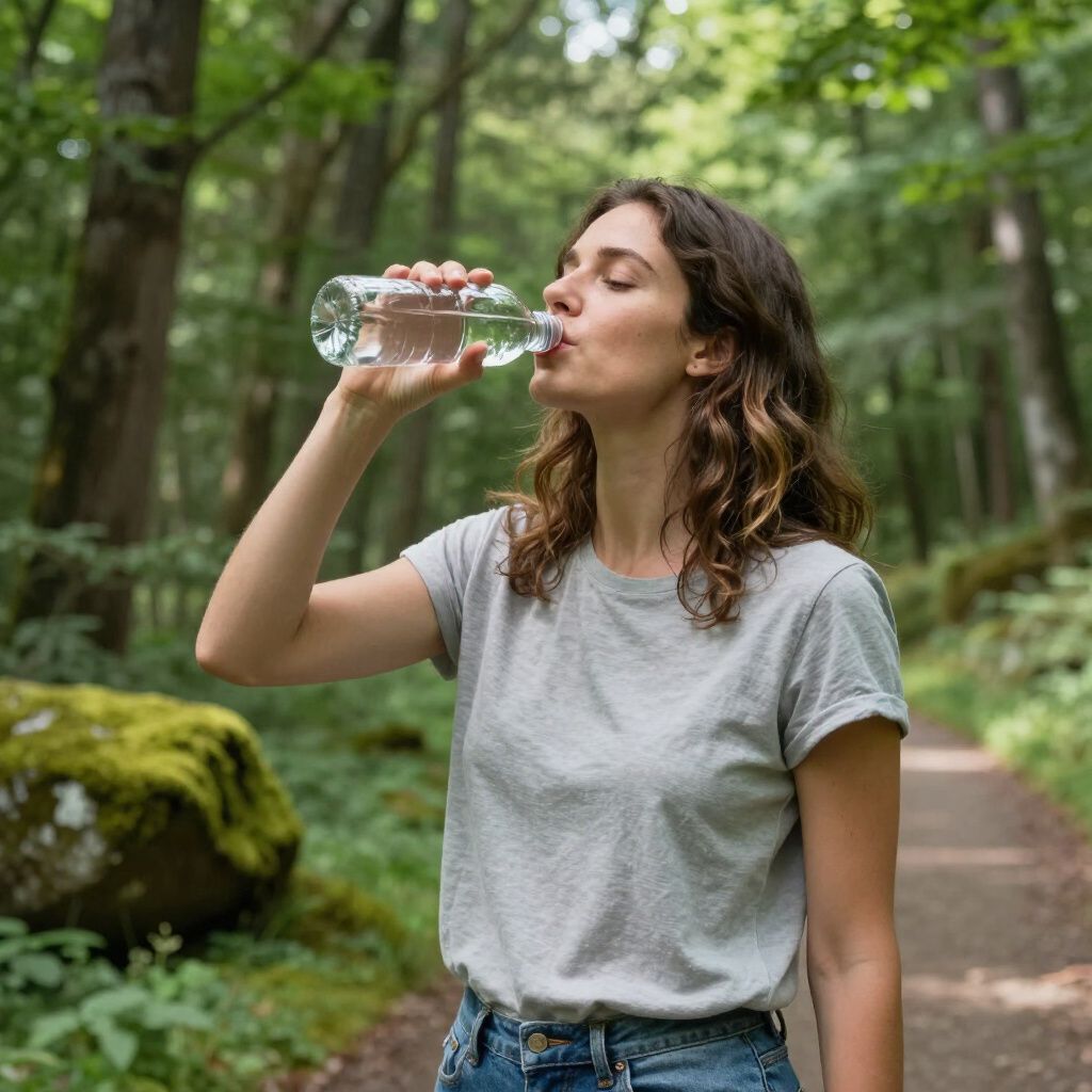 Une personne vêtue d'un t-shirt gris boit dans une bouteille d'eau en plastique transparent, debout sur un sentier dans une forêt.