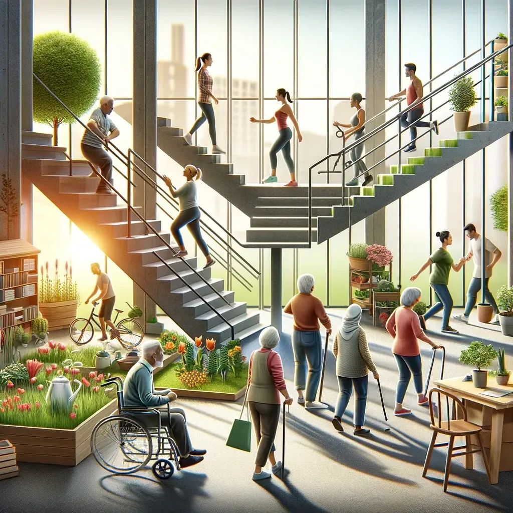 Un atrium intérieur avec des escaliers, des personnes qui marchent et utilisent des aides à la mobilité, et un jardin au niveau du sol.