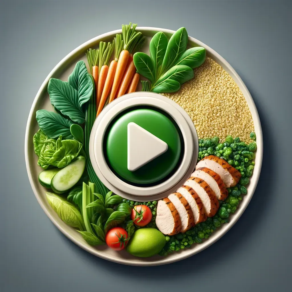 Une assiette garnie de légumes, de céréales et de poulet en tranches, avec une grande icône de bouton de lecture verte au centre.