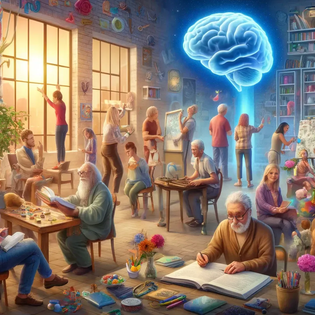 Des personnes se livrent à des activités créatives dans un studio baigné de soleil, sous un cerveau holographique lumineux suspendu au centre.