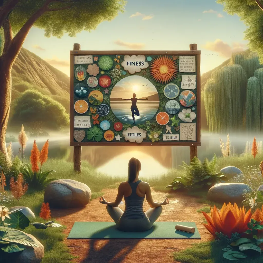 Une personne est assise sur un tapis de yoga dans un paysage luxuriant, face à un panneau d'affichage présentant des illustrations sur le thème de la nature et un coucher de soleil.