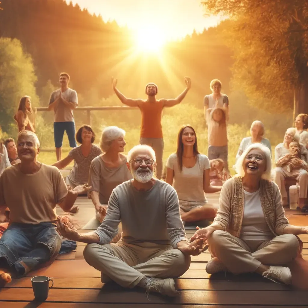 Un groupe de personnes est assis en position de méditation sur une terrasse en bois à l'extérieur, au coucher du soleil, une personne se tenant debout, les bras levés.