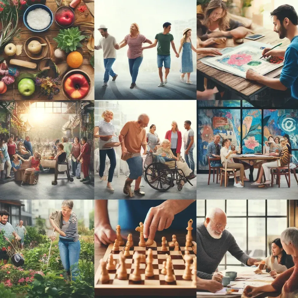 Un collage montrant des personnes de tous horizons participant à des activités communes comme dîner, se promener, jouer à des jeux et jardiner à l'intérieur.