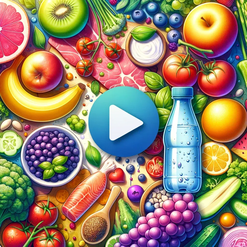 Une vue de dessus dynamique d'aliments sains comme des fruits, des légumes et une bouteille d'eau, avec un bouton de lecture.
