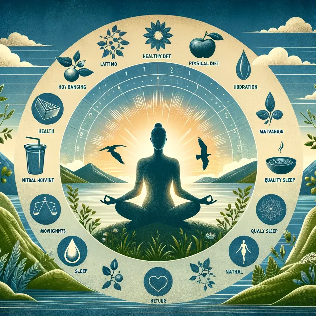 Une silhouette en méditation, en position du lotus, entourée d'un graphique circulaire d'icônes de style de vie, sur fond de paysage de lever de soleil.
