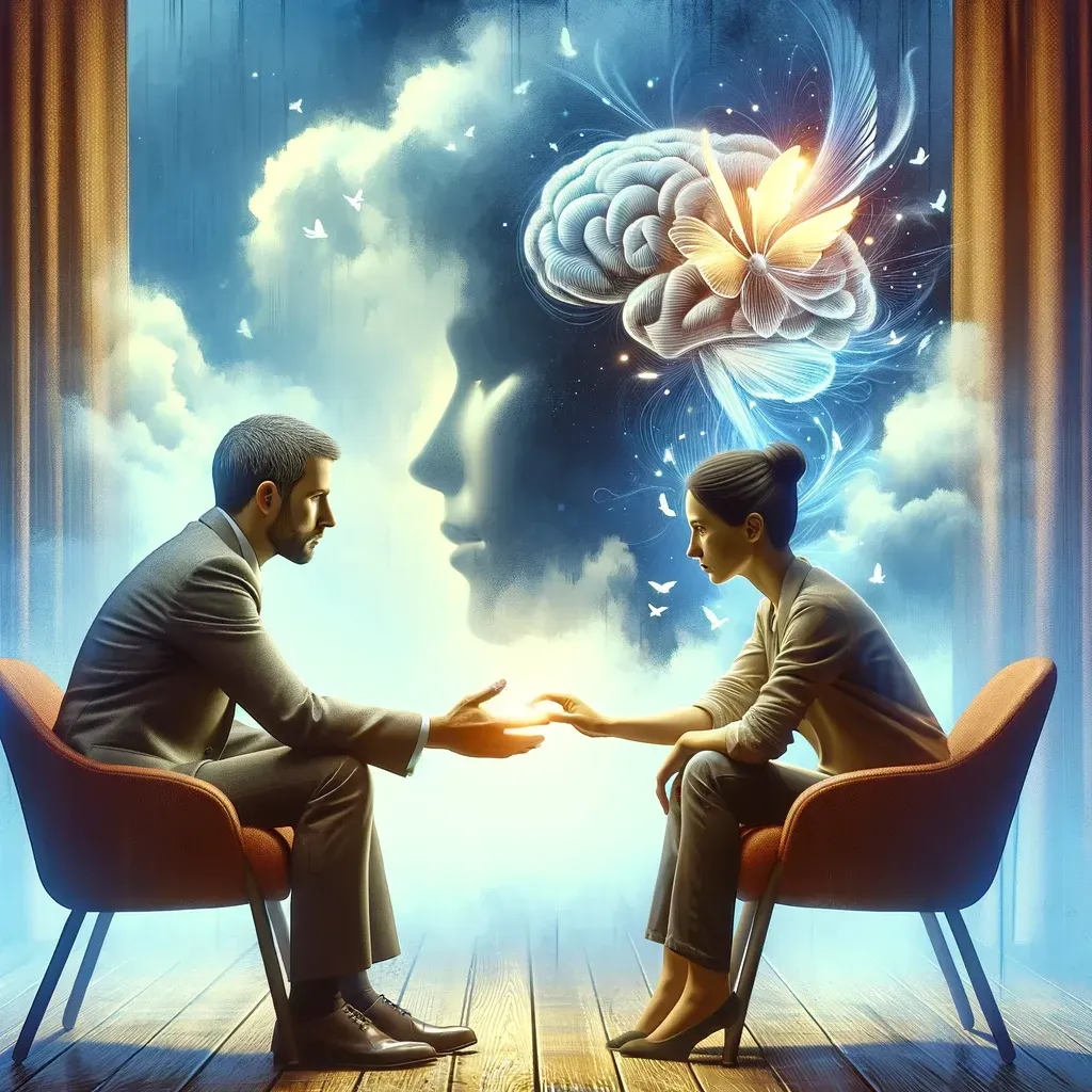 Un homme et une femme sont assis sur des chaises, se tenant la main avec un cerveau qui sort de leur tête.
