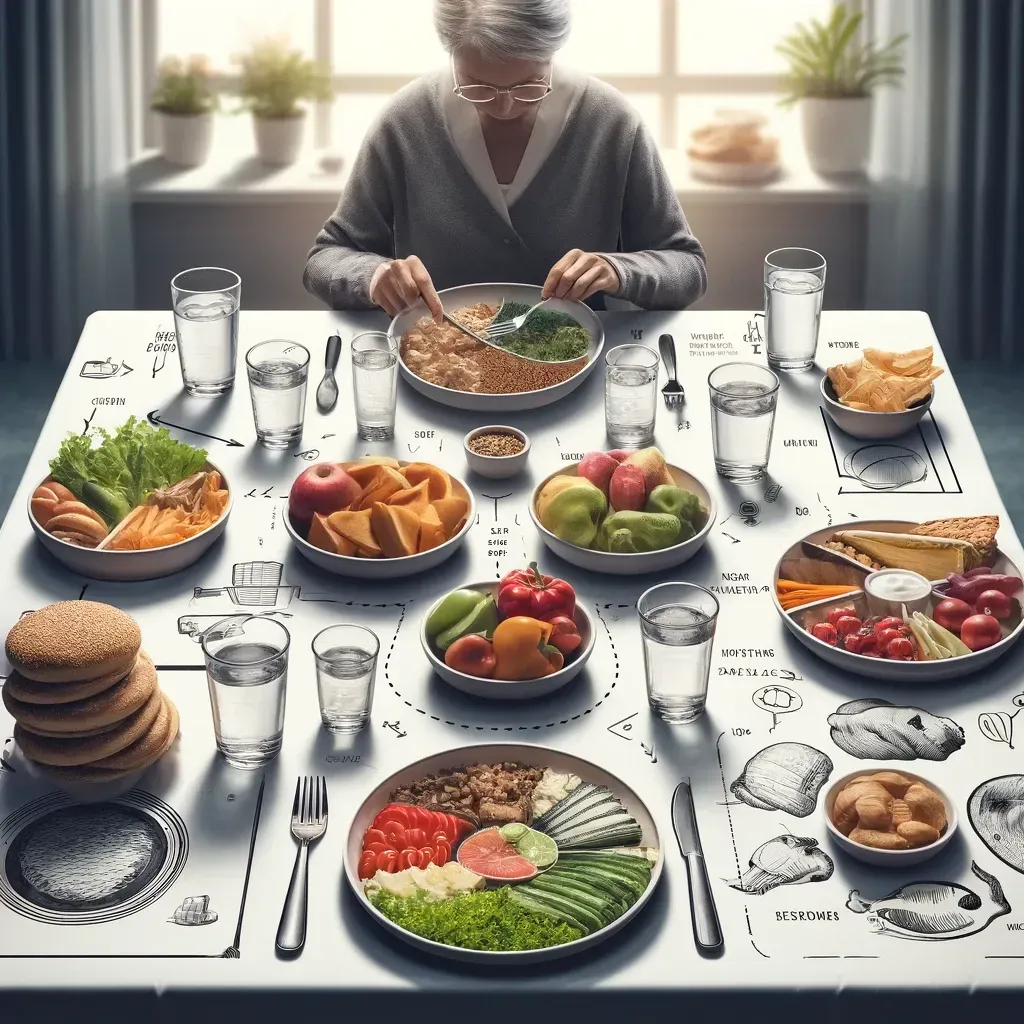 Une personne est assise à une grande table remplie de nombreux bols contenant divers aliments et boissons, sur fond de nappe à motifs.