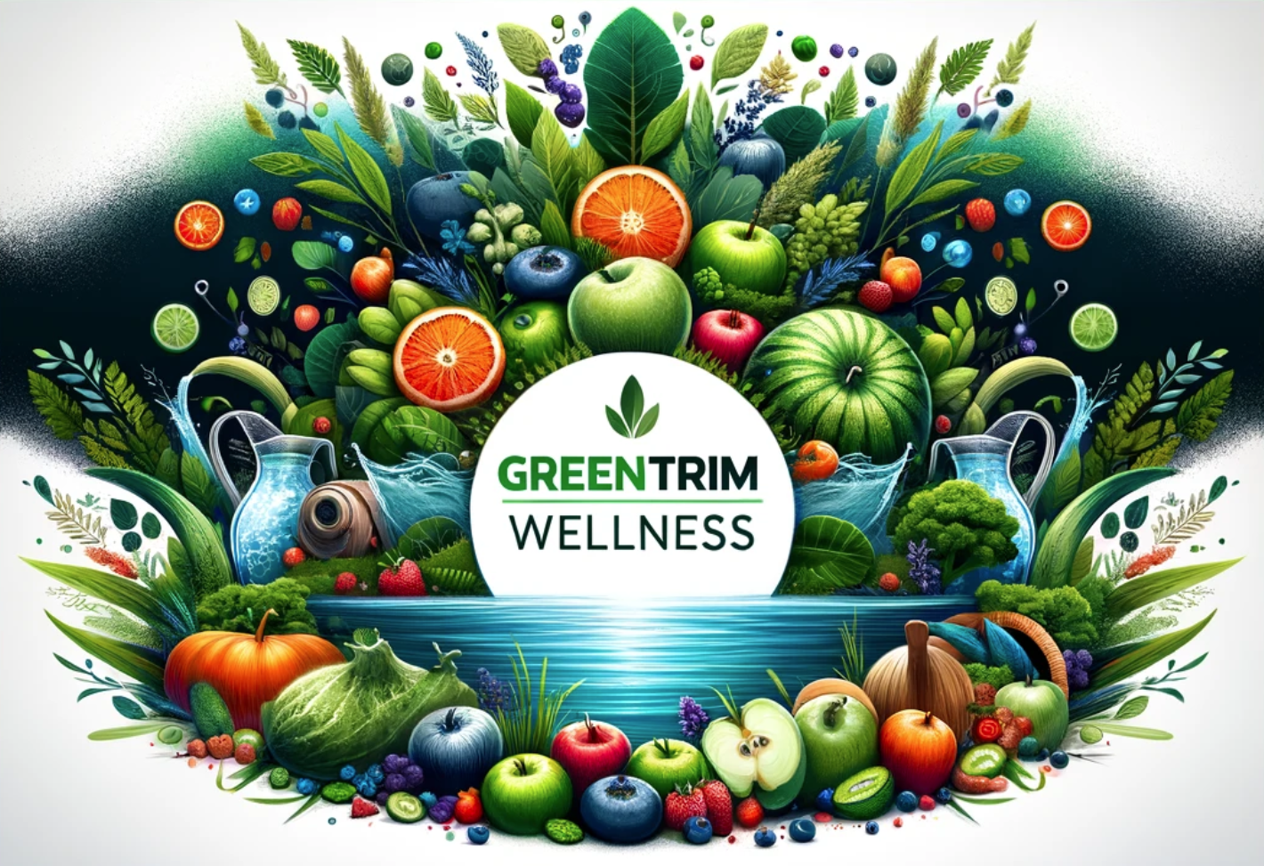 Un logo circulaire pour « GREENTRIM WELLNESS » centré au milieu d'un arrangement vibrant et abondant de fruits et légumes variés.