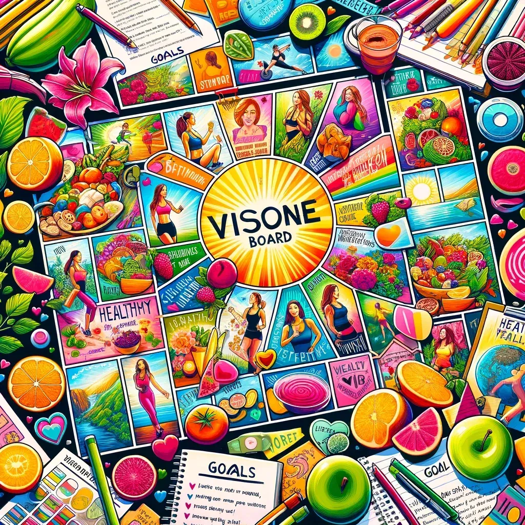 Un collage dynamique intitulé « VISONE BOARD » présentant des fruits variés, des images de fitness et des listes d'objectifs sur un fond coloré.