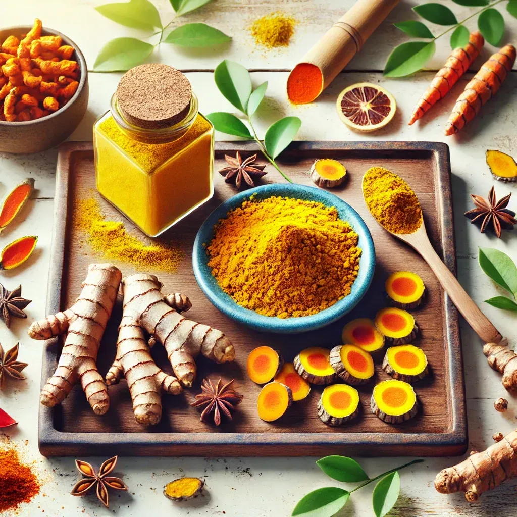 Racines de curcuma en poudre dans un bol, un bocal en verre et de l'anis étoilé disposés sur une planche en bois avec des feuilles et des tranches.